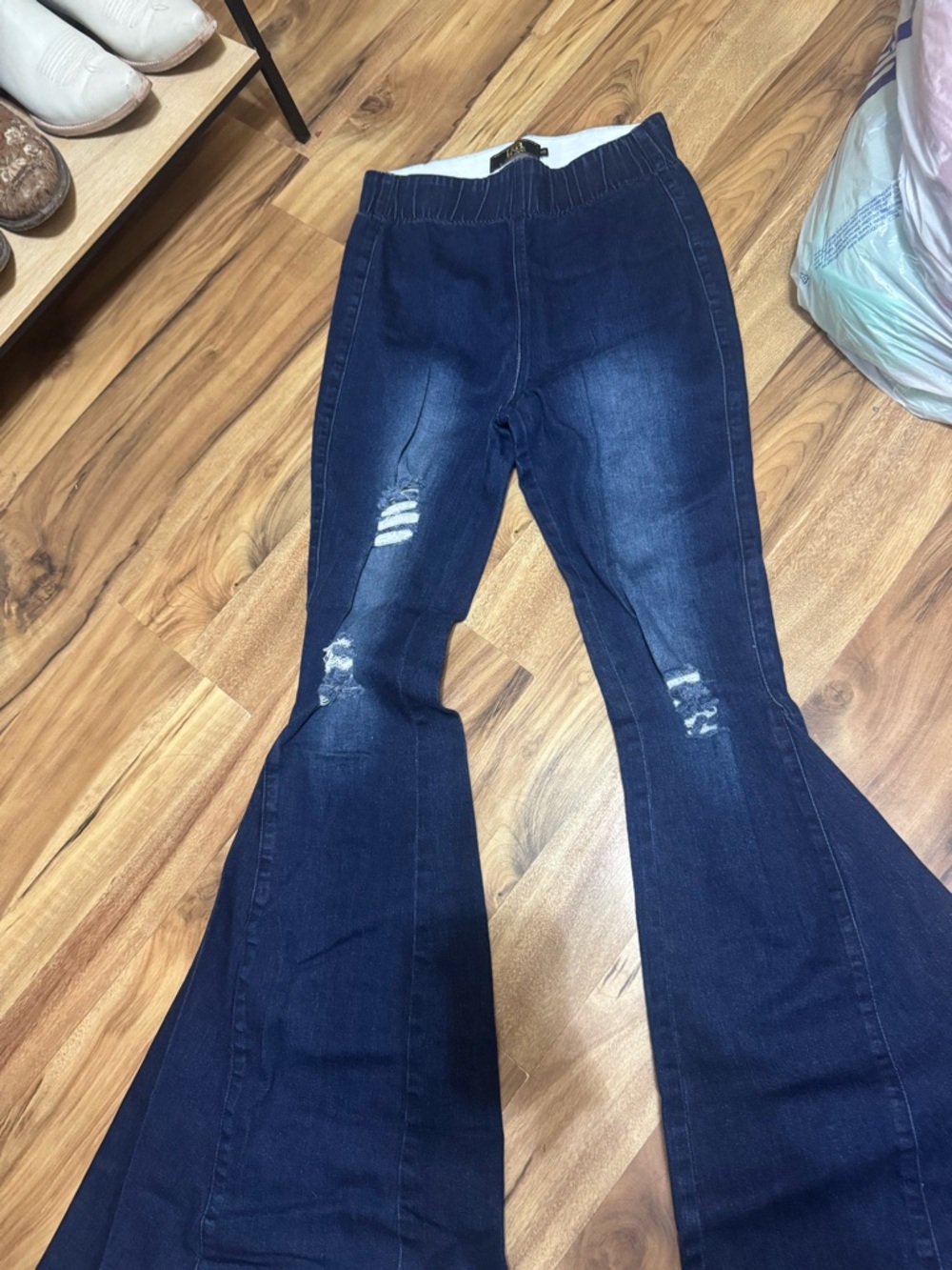 Dark Indigo Women's Flare Jeans with Distressed Accents